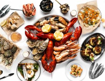 A spread of seafood including lobster, shrimp, and more at the Hilton Head Island Seafood Festival