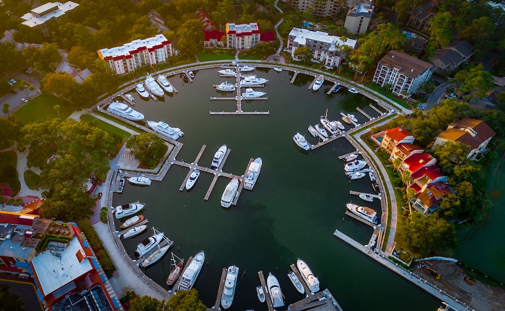 aerial view of marina in hilton head